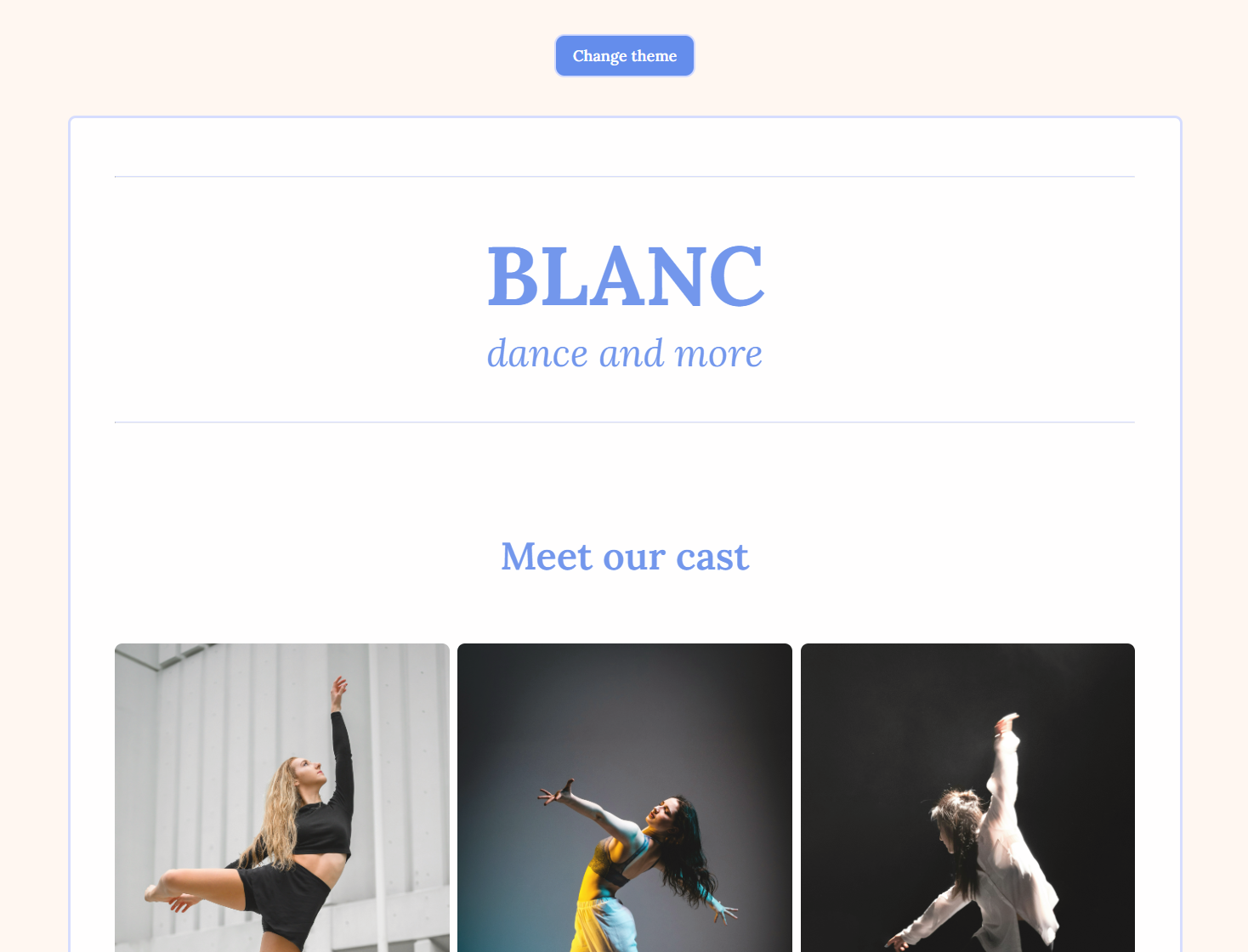 Image of the website about a fictional dance ensemble Rachèl van Dijkhorst created.