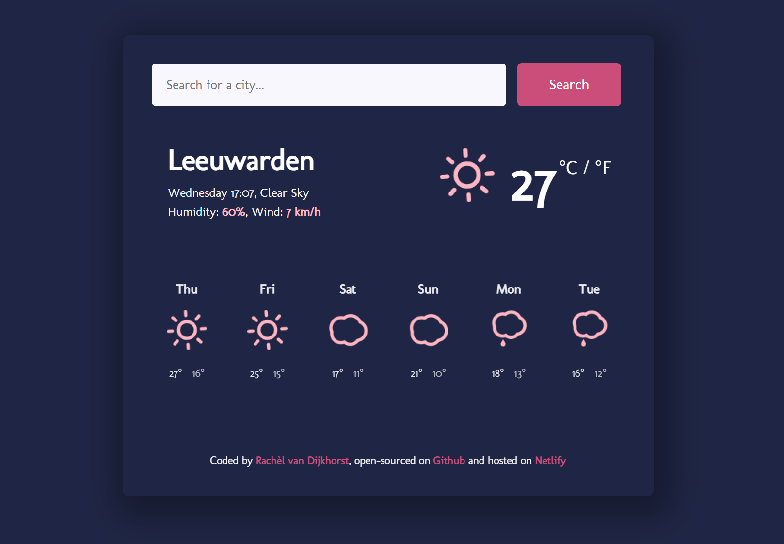 Image of the React Weather Application 2.0 Rachèl van Dijkhorst created.